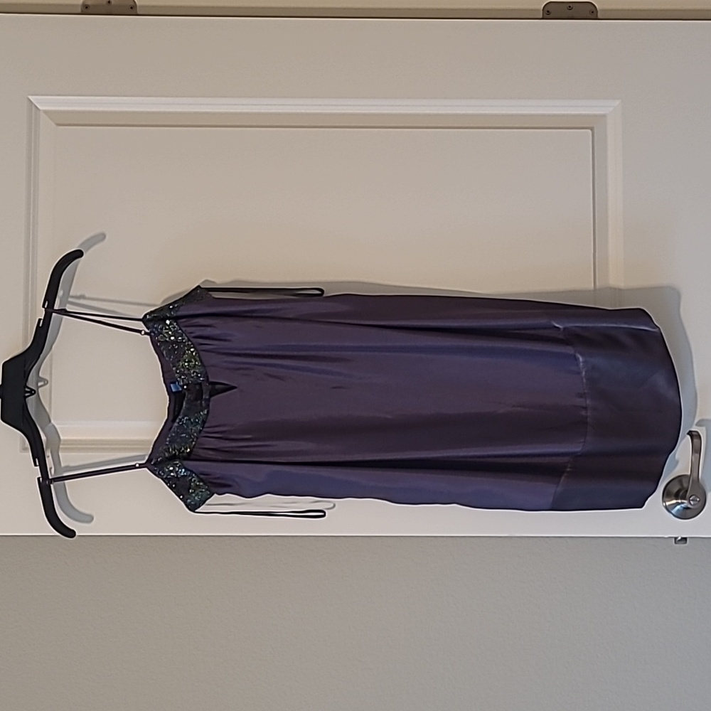 EUC. BCBG Maxazria spaghetti straps beaded satin mini dress